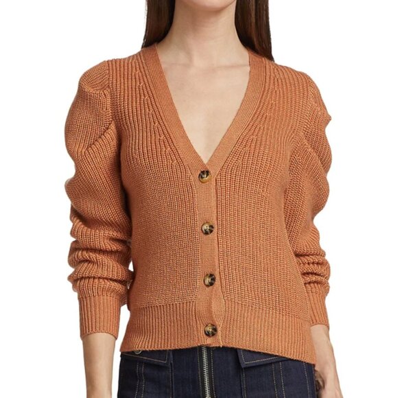 Cinq a Sept Carly V-Neck Cardigan Wool Puff Sleeve Sweater - Picture 1 of 15